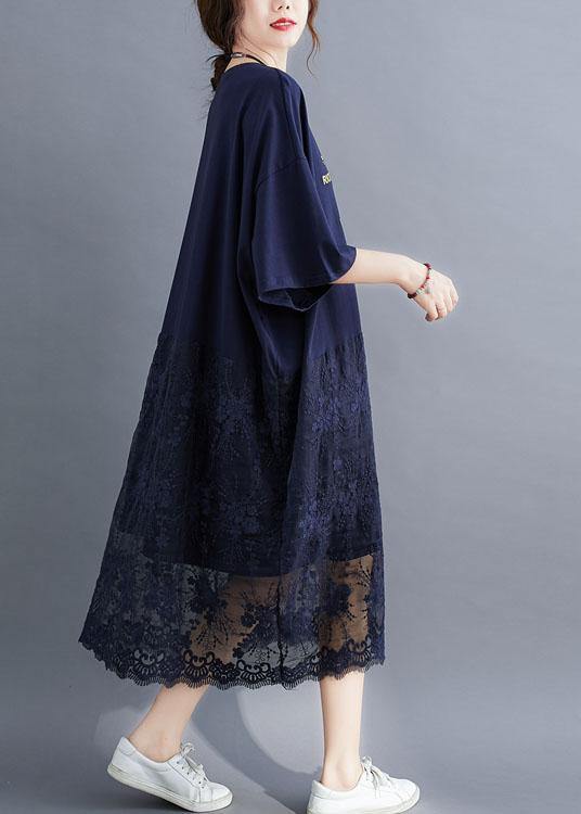 Style Navy Loose Patchwork Lace Summer Half Sleeve Maxi Dresses - SooLinen