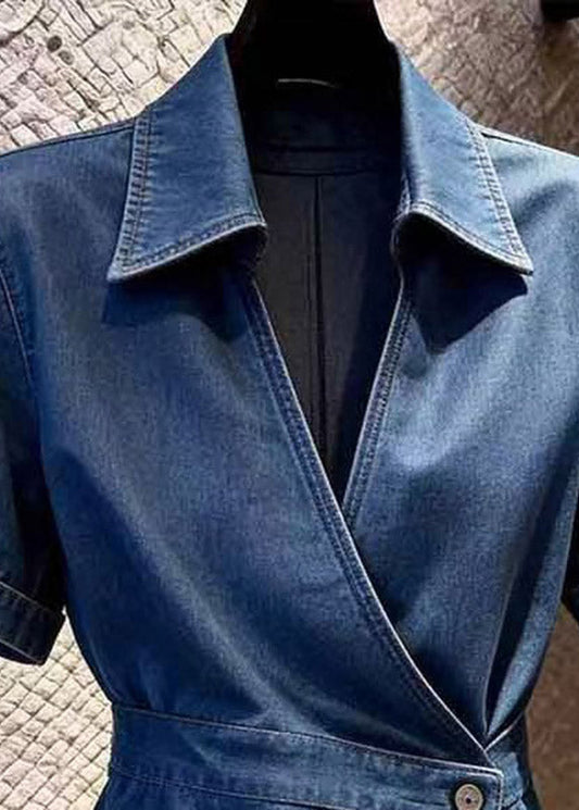 Style Navy Peter Pan Collar Patchwork Denim Shirt Summer