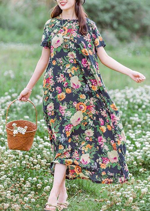 Style Navy Print Tunics Chinese Button Traveling Summer Dress - SooLinen