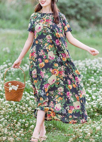 Style Navy Print Tunics Chinese Button Traveling Summer Dress - SooLinen