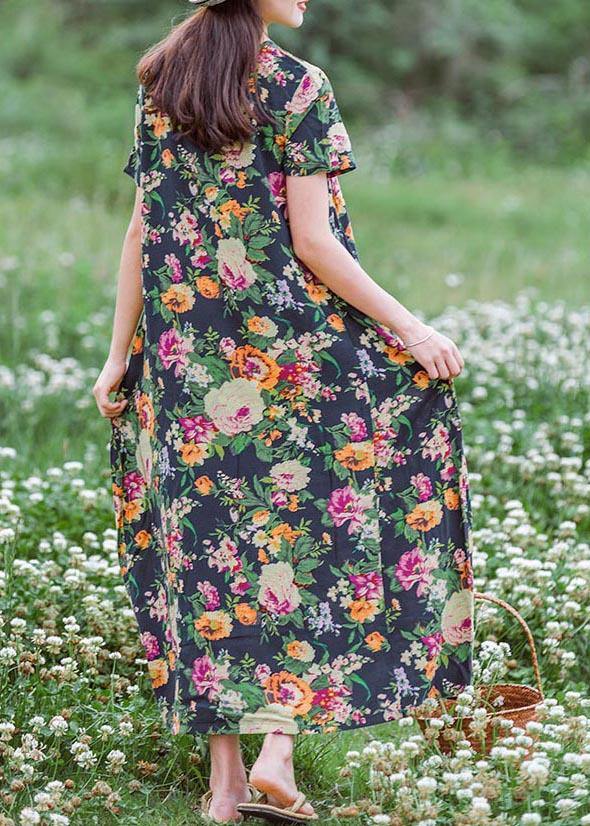 Style Navy Print Tunics Chinese Button Traveling Summer Dress - SooLinen