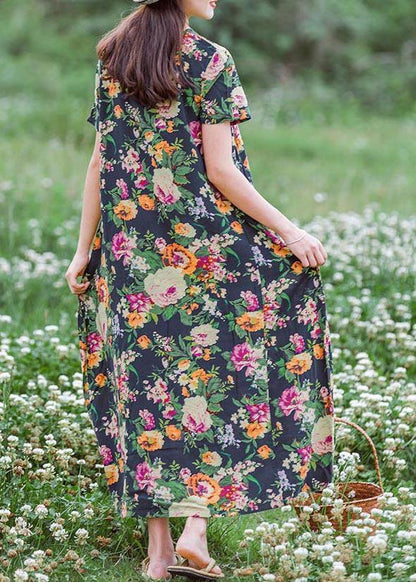 Style Navy Print Tunics Chinese Button Traveling Summer Dress - SooLinen