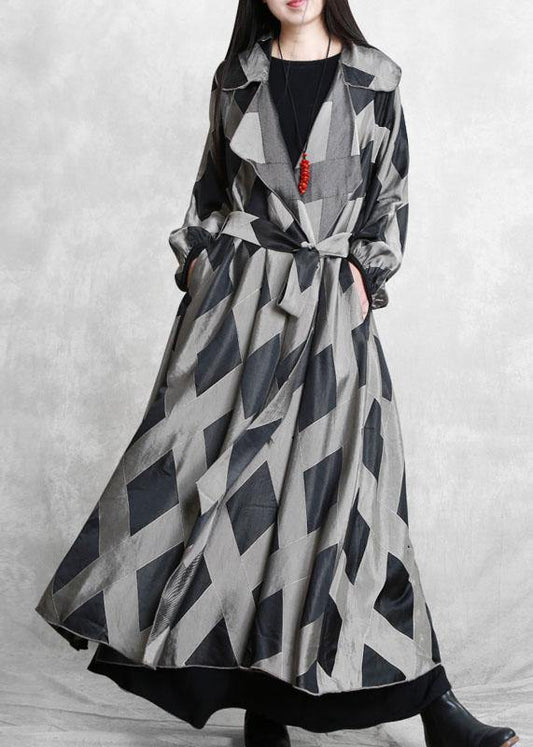 Style Notched tie waist Fashion Coats Women gray plaid tunic jackets - SooLinen