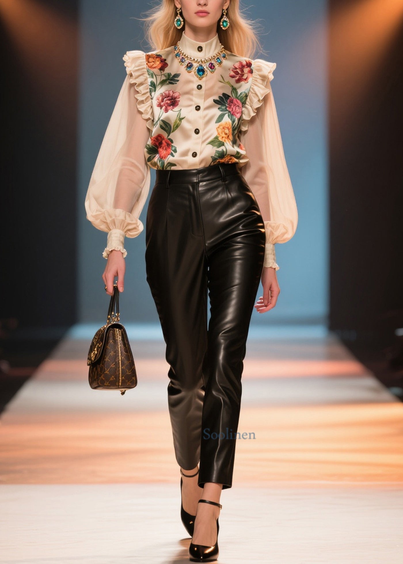 Style Nude Ruffled Patchwork Print Silk Blouses Summer