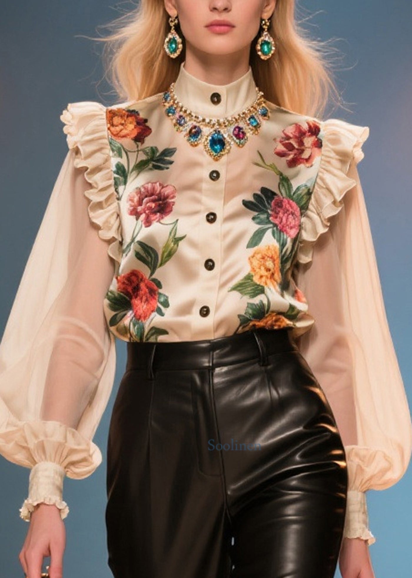 Style Nude Ruffled Patchwork Print Silk Blouses Summer