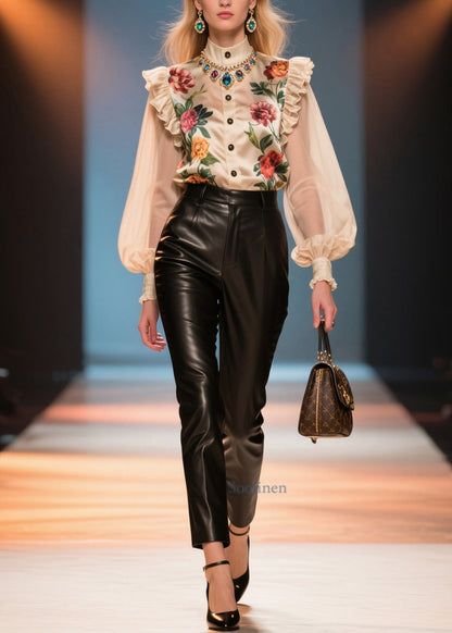 Style Nude Ruffled Patchwork Print Silk Blouses Summer
