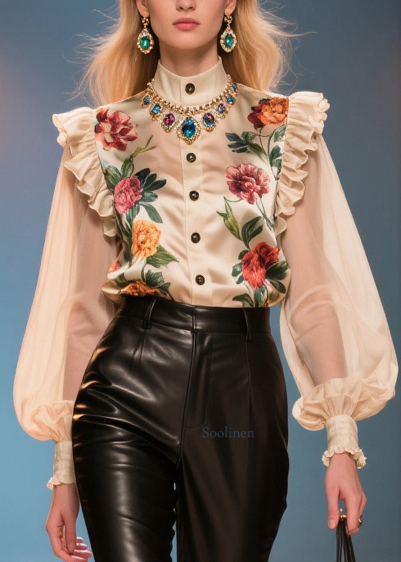 Style Nude Ruffled Patchwork Print Silk Blouses Summer
