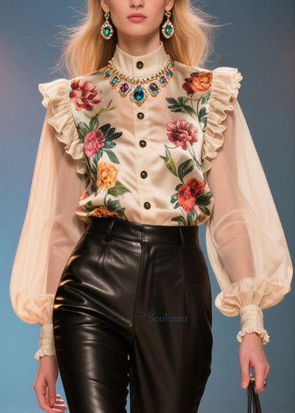 Style Nude Ruffled Patchwork Print Silk Blouses Summer