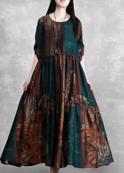 Luxy Green Print Silk Summer Dresses Loose Caftan - SooLinen