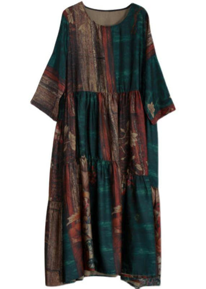 Luxy Green Print Silk Summer Dresses Loose Caftan - SooLinen