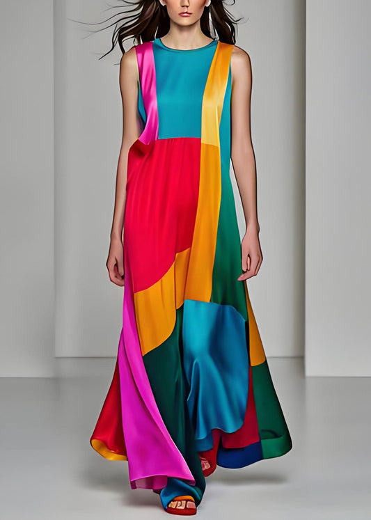 Stil O Hals Patchwork Drapieren Seide Lange Kleider Ärmellos