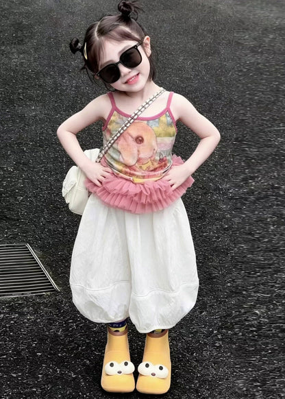 Style O-Neck Patchwork Kids Vest And Crop Lantern Pants Two Pieces Set Sleeveless