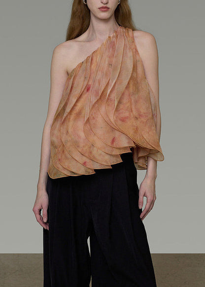 Style One Shoulder Print Layered Petal Silk Shirt Tops Summer