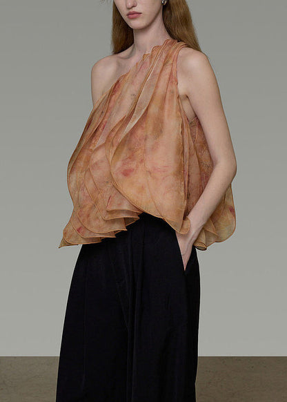 Style One Shoulder Print Layered Petal Silk Shirt Tops Summer