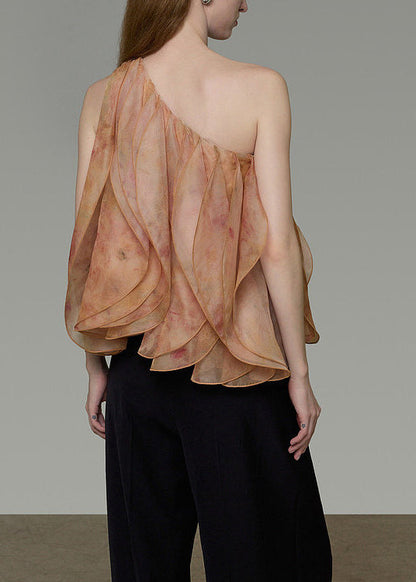 Style One Shoulder Print Layered Petal Silk Shirt Tops Summer