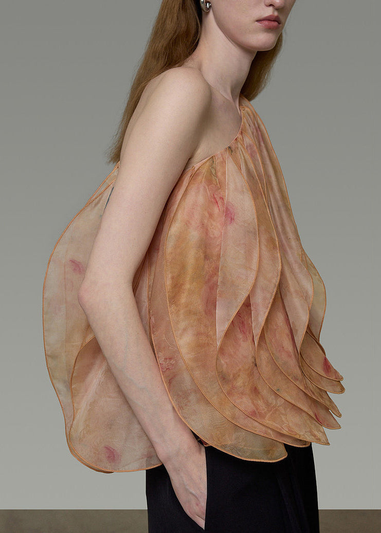 Style One Shoulder Print Layered Petal Silk Shirt Tops Summer