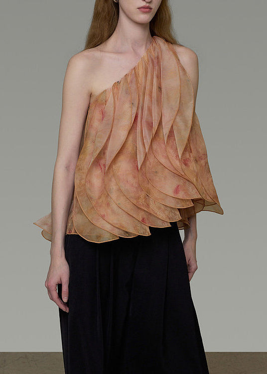 Style One Shoulder Print Layered Petal Silk Shirt Tops Summer