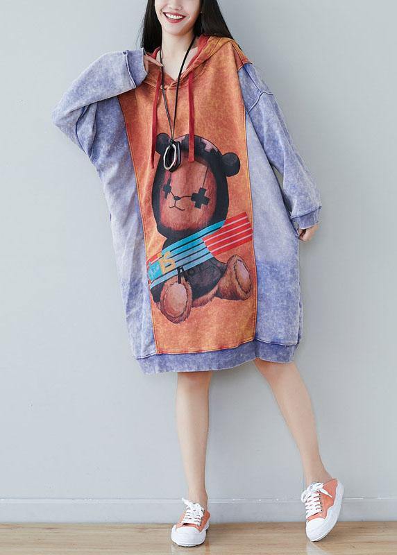 Style Orange Hooded Print Drawstring Fall Sweatshirts Dress - SooLinen