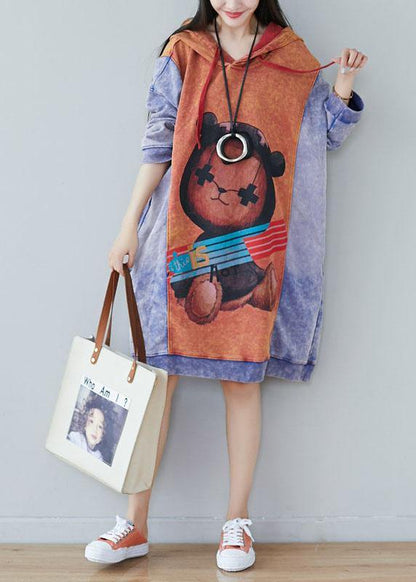 Style Orange Hooded Print Drawstring Fall Sweatshirts Dress - SooLinen