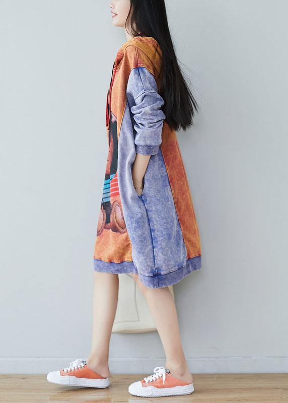 Style Orange Hooded Print Drawstring Fall Sweatshirts Dress - SooLinen