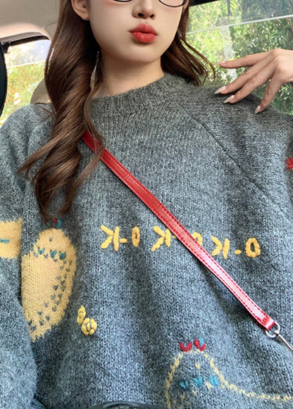 Oranger Strickpullover mit Rundhalsausschnitt, Frühlingsmotiv