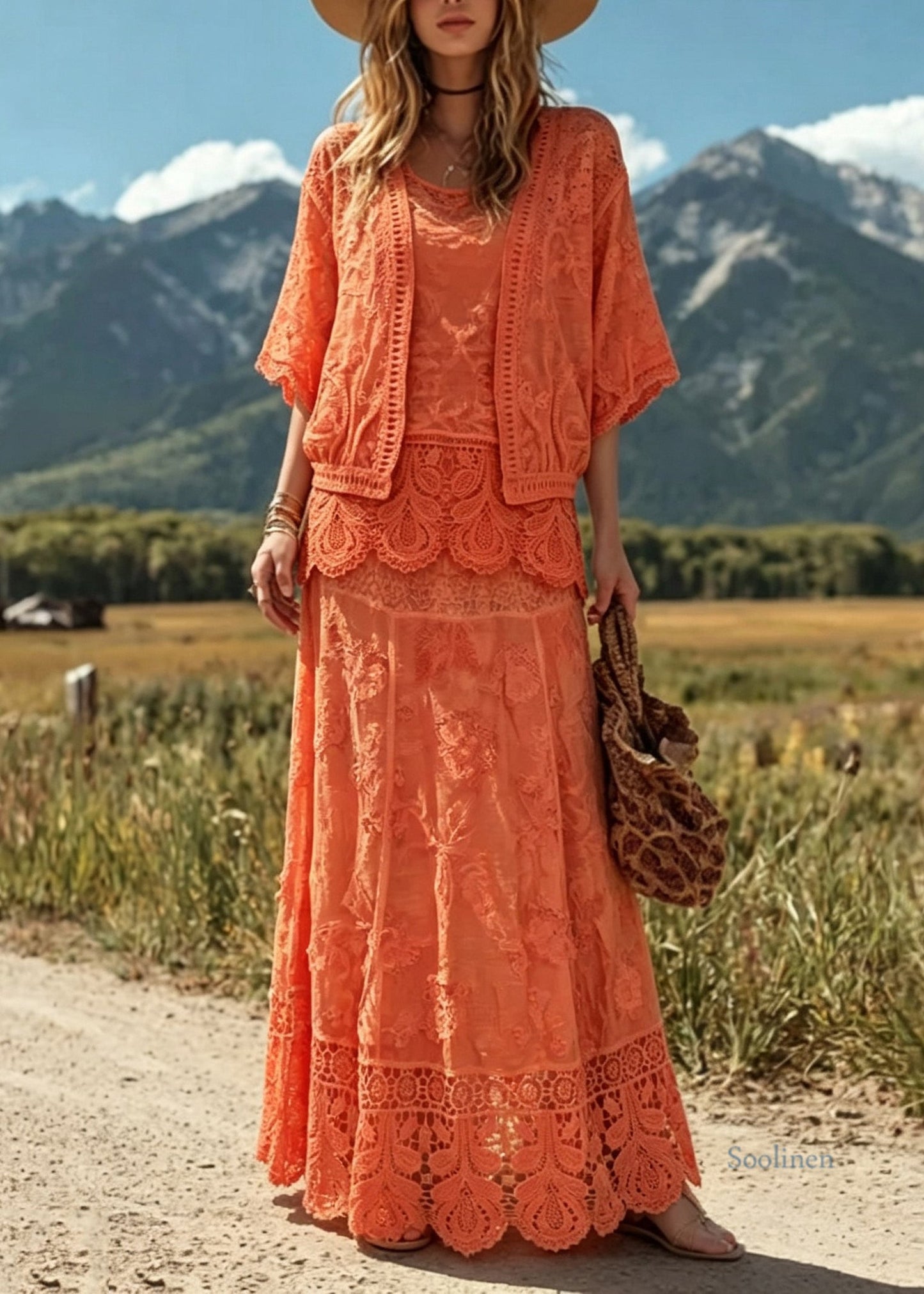 Style Orange O Neck Hollow Out Lace Patchwork Three Piece Suit Set Summer