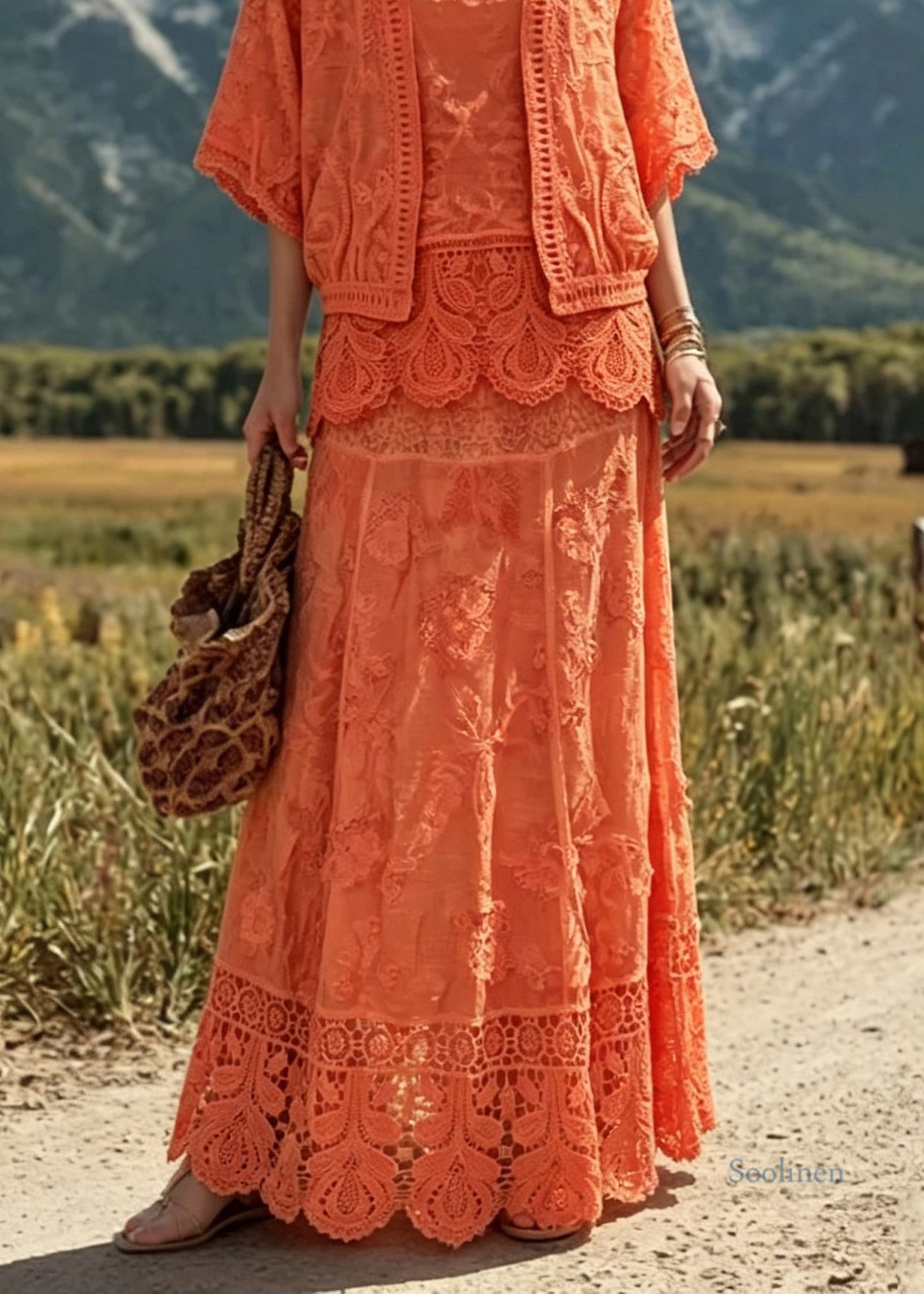 Style Orange O Neck Hollow Out Lace Patchwork Three Piece Suit Set Summer
