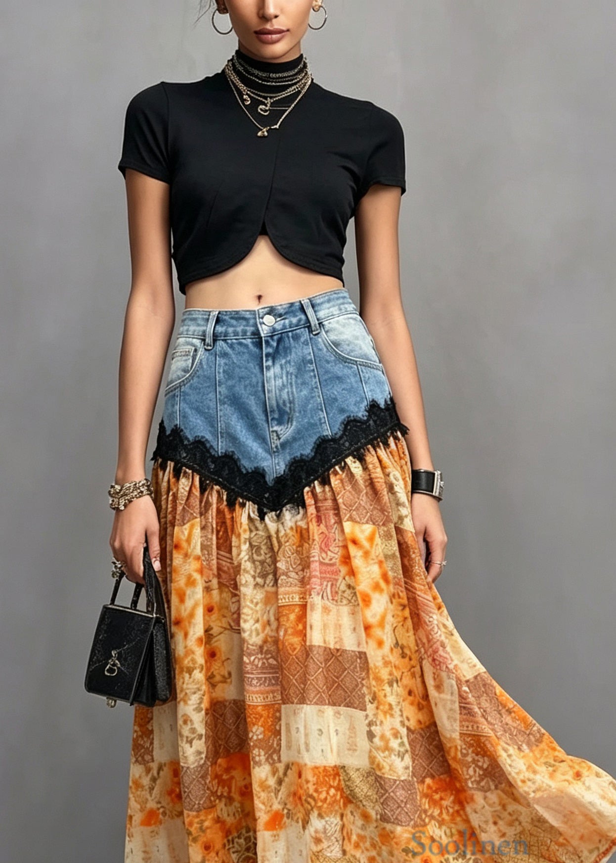 Style Orange Pockets Lace Denim Patchwork Cotton Skirt Summer