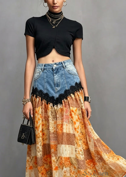 Style Orange Pockets Lace Denim Patchwork Cotton Skirt Summer