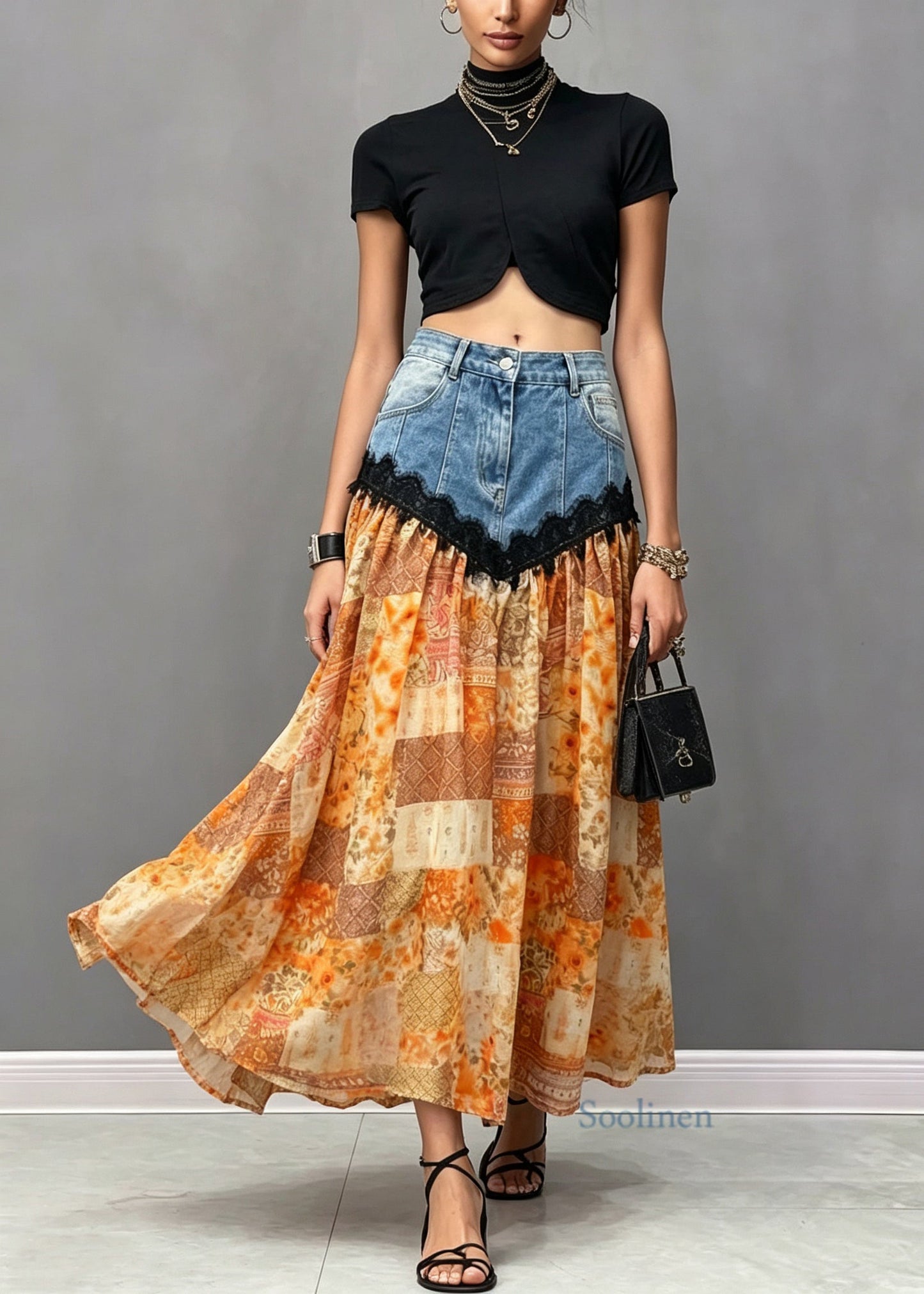 Style Orange Pockets Lace Denim Patchwork Cotton Skirt Summer