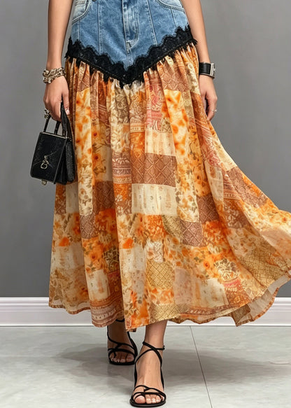 Style Orange Pockets Lace Denim Patchwork Cotton Skirt Summer