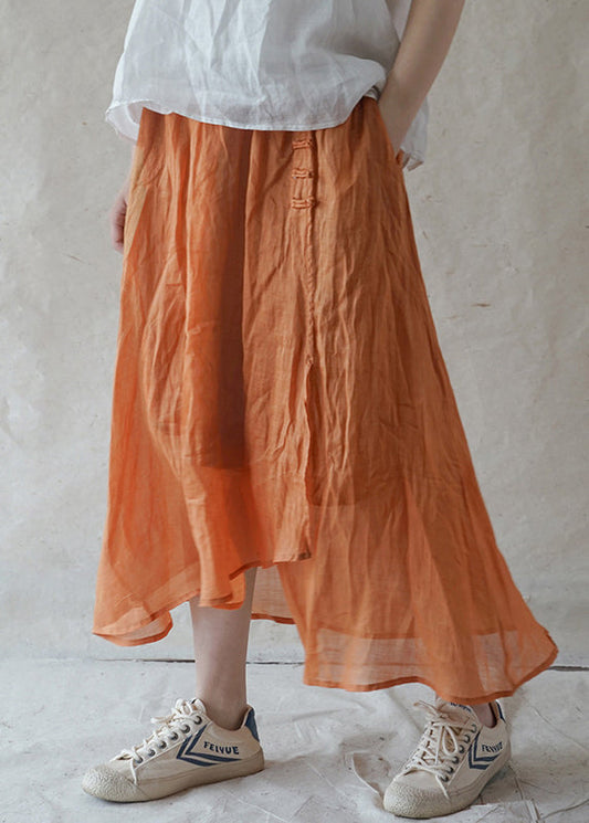 Stil Orange elastische Taille Knopf asymmetrische Leinen Röcke Frühling