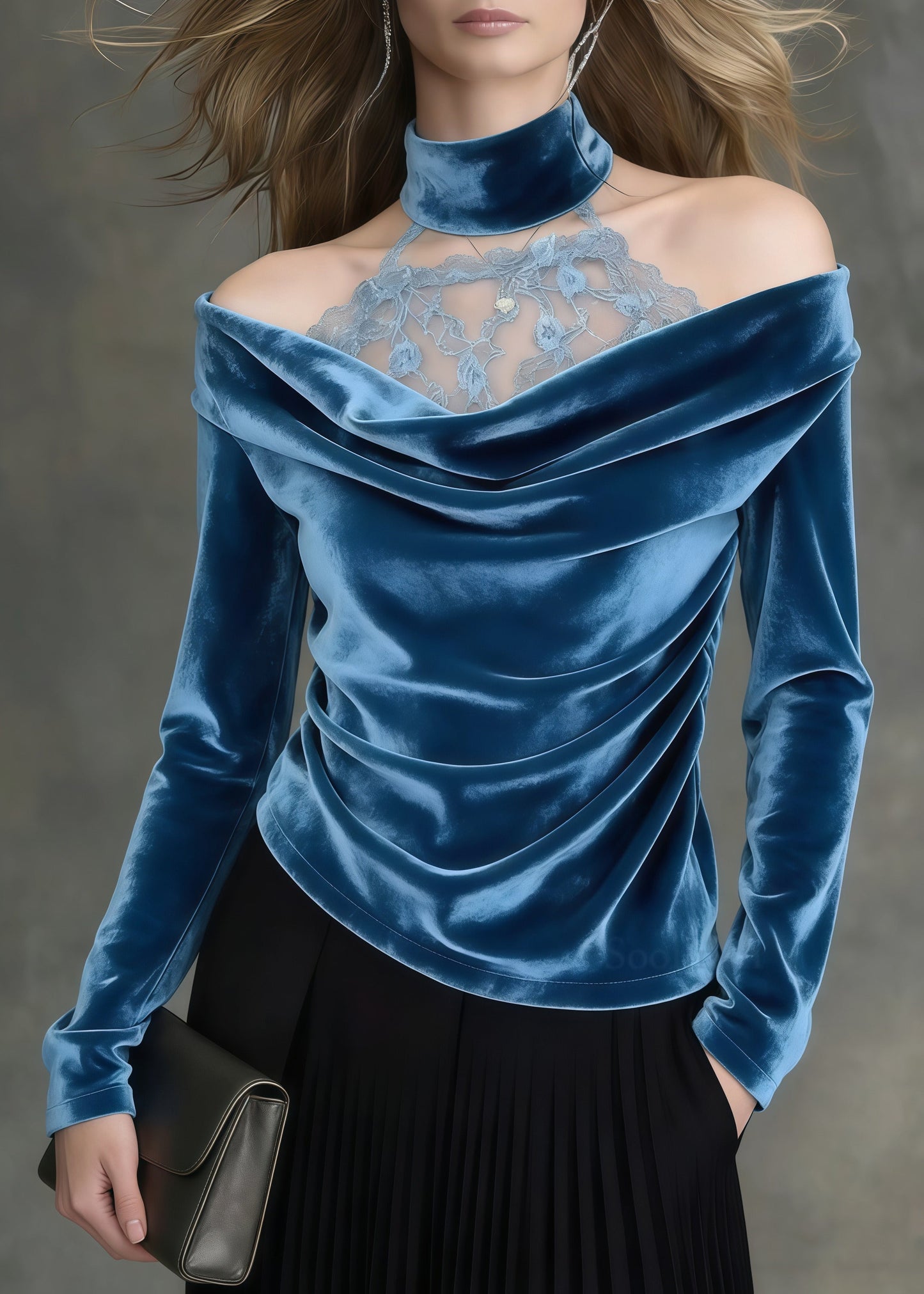 Style Peacock Blue Cold Shoulder Patchwork Silk Velour Shirt Spring