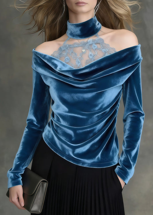 Style Peacock Blue Cold Shoulder Patchwork Silk Velour Shirt Spring