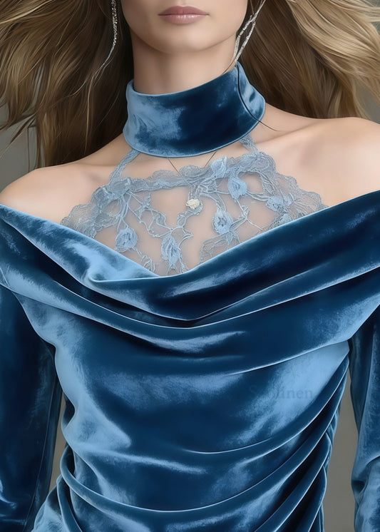 Style Peacock Blue Cold Shoulder Patchwork Silk Velour Shirt Spring