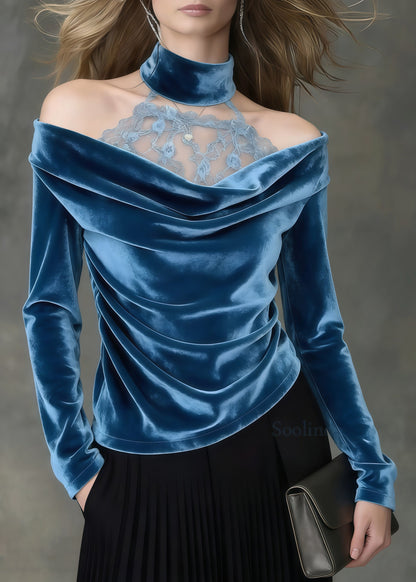 Style Peacock Blue Cold Shoulder Patchwork Silk Velour Shirt Spring