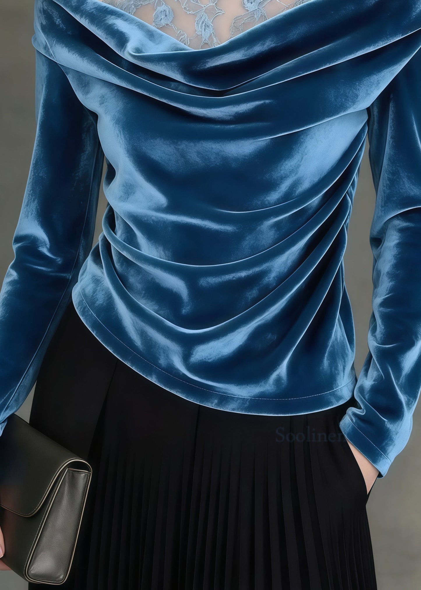 Style Peacock Blue Cold Shoulder Patchwork Silk Velour Shirt Spring