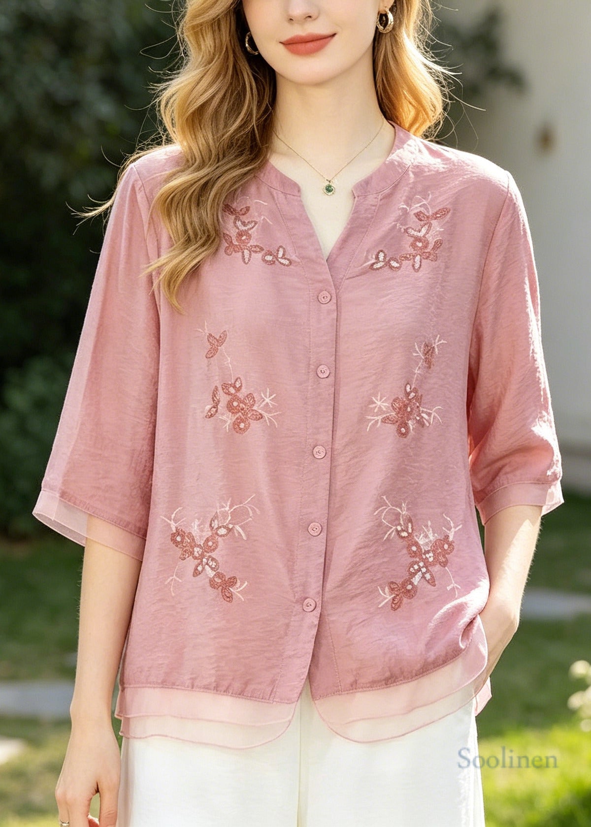 Style Pink Embroidered Patchwork Cotton Tops Summer