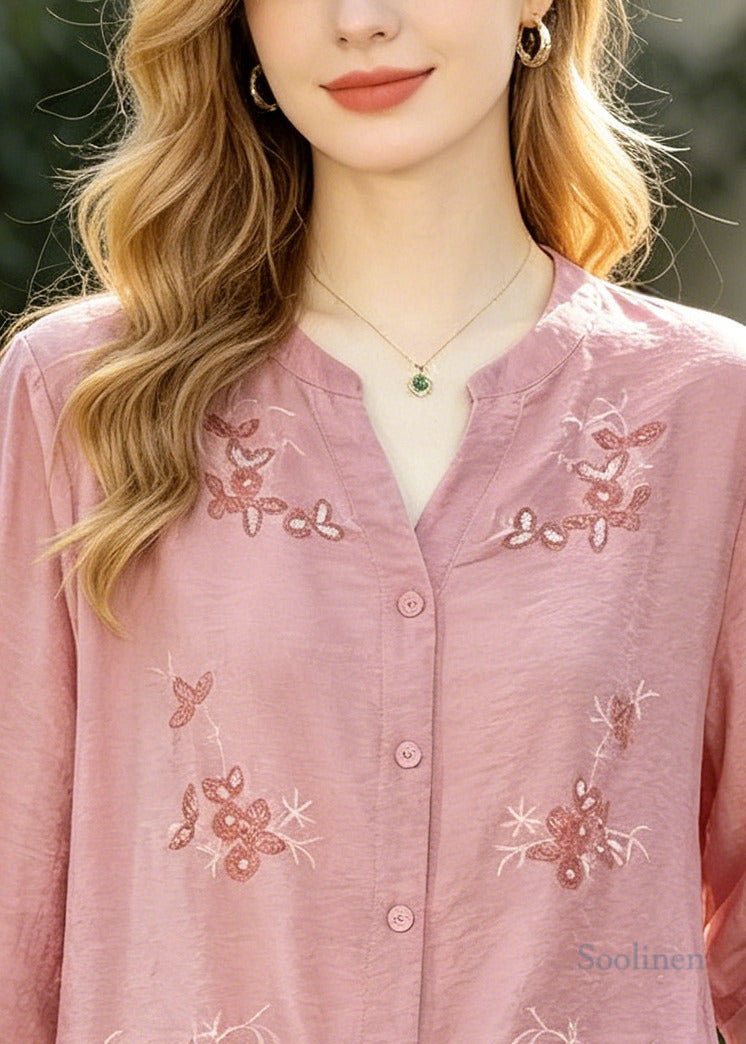 Style Pink Embroidered Patchwork Cotton Tops Summer
