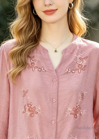 Style Pink Embroidered Patchwork Cotton Tops Summer