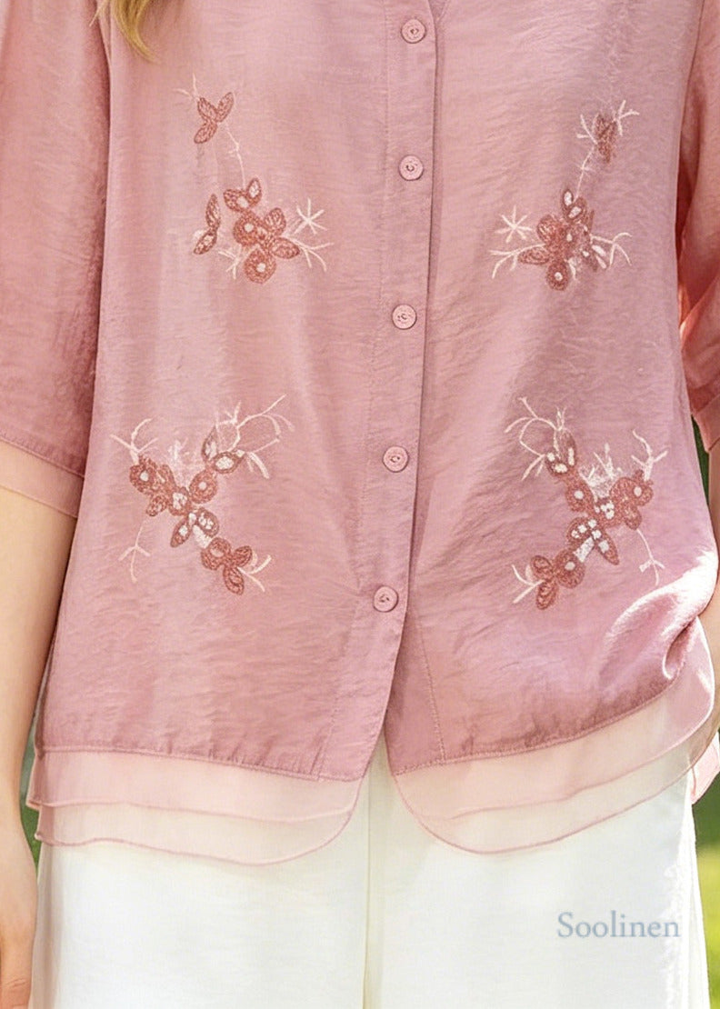 Style Pink Embroidered Patchwork Cotton Tops Summer