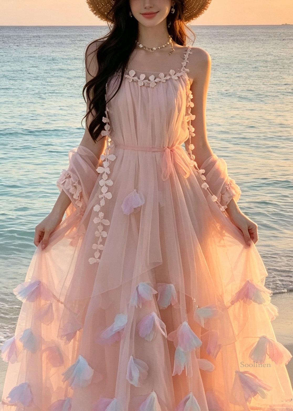 Style Pink Floral Tie Waist Tulle Long Spaghetti Strap Dress Summer