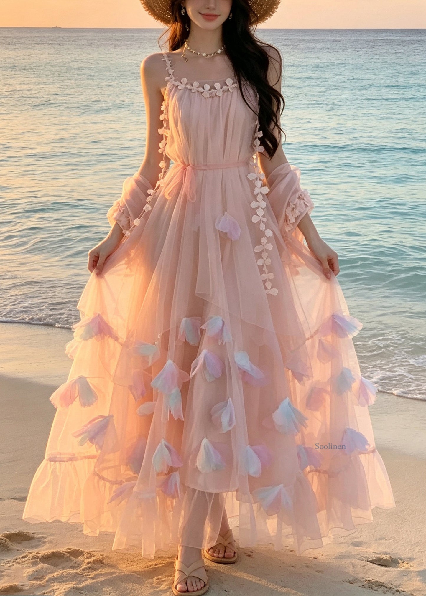 Style Pink Floral Tie Waist Tulle Long Spaghetti Strap Dress Summer