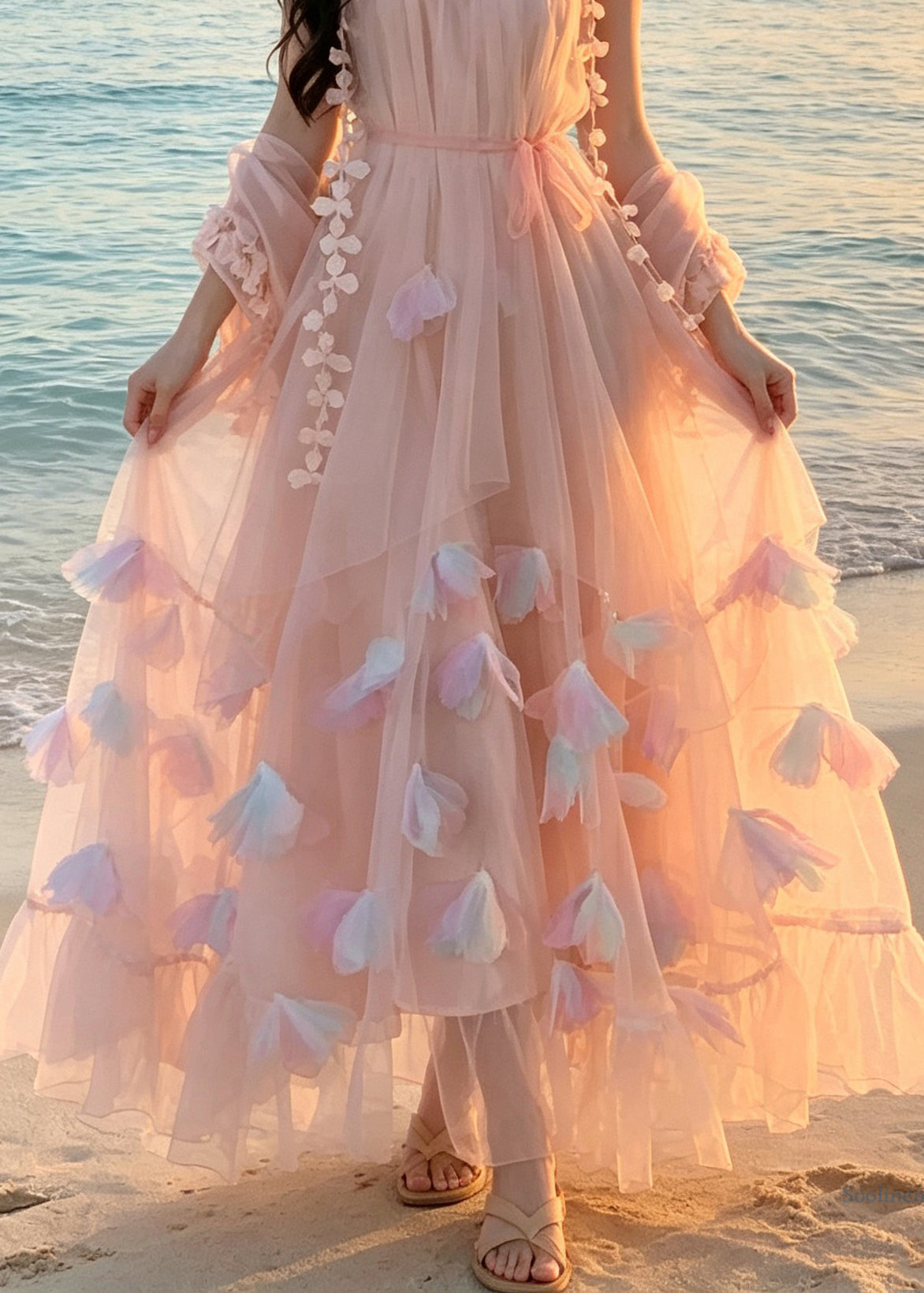 Style Pink Floral Tie Waist Tulle Long Spaghetti Strap Dress Summer