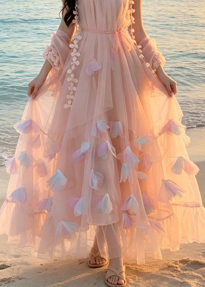 Style Pink Floral Tie Waist Tulle Long Spaghetti Strap Dress Summer