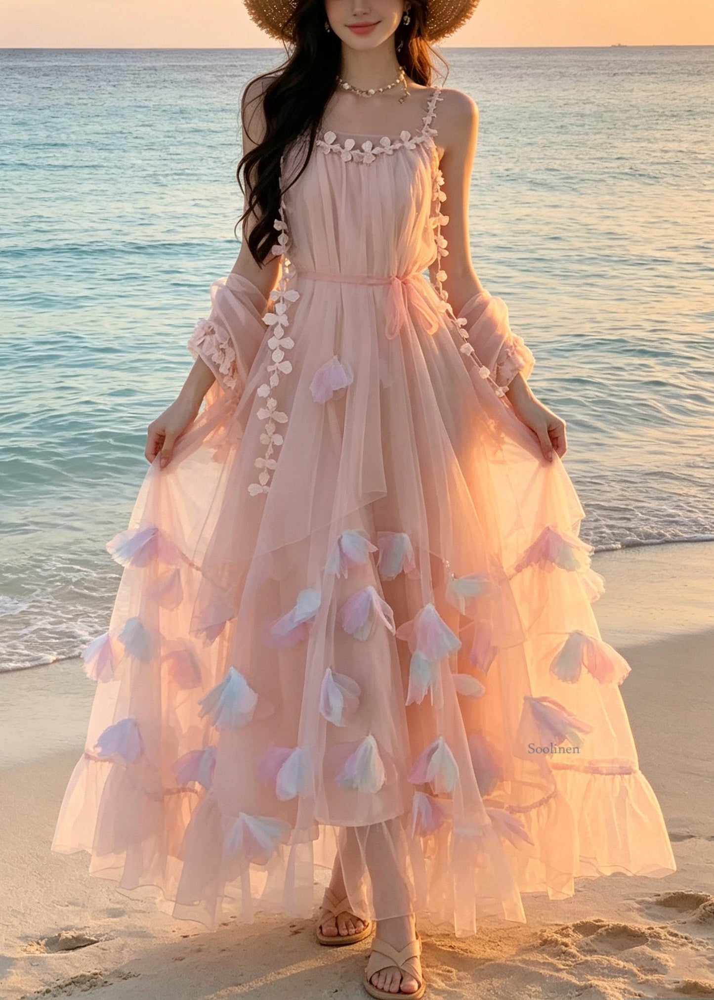 Style Pink Floral Tie Waist Tulle Long Spaghetti Strap Dress Summer