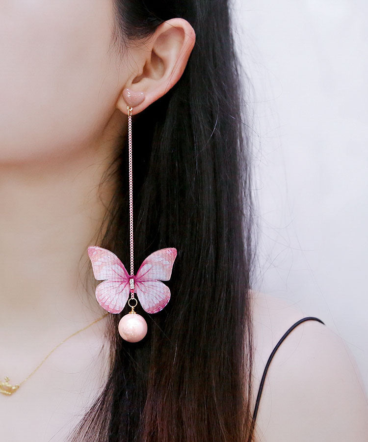 Pendientes colgantes con forma de mariposa y circonita con gemas incrustadas en rosa