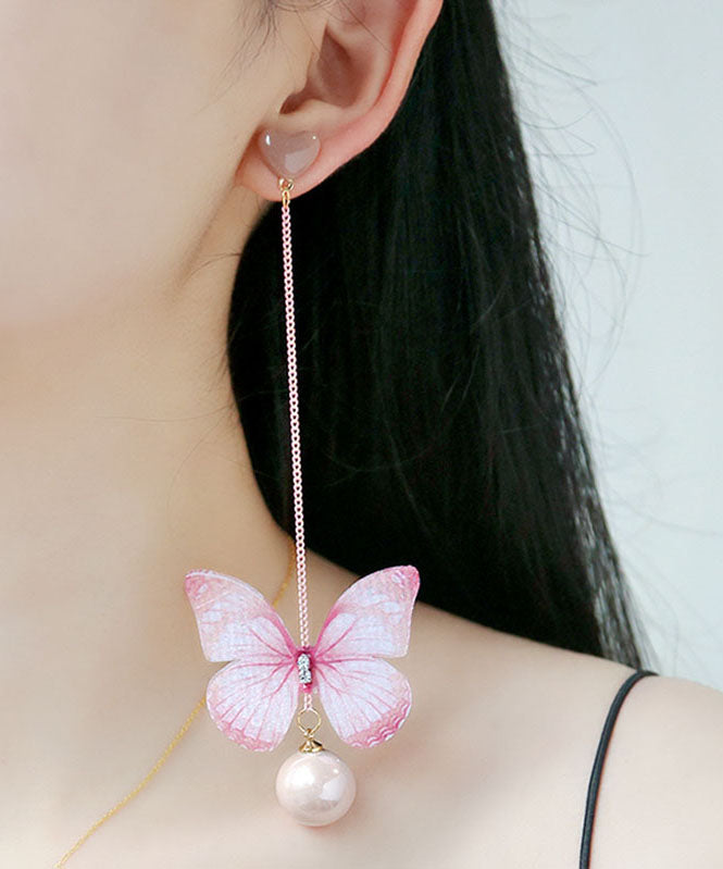 Pendientes colgantes con forma de mariposa y circonita con gemas incrustadas en rosa
