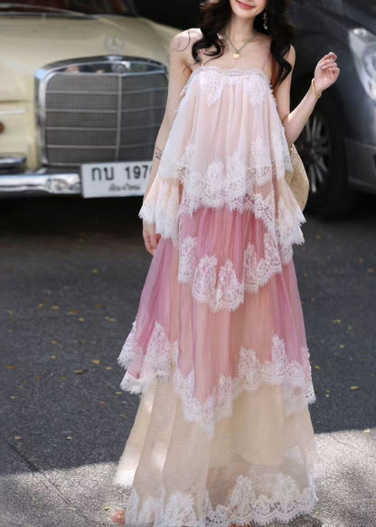 Style Pink Layered Patchwork Lace Maxi Dress Sleeveless
