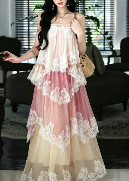 Style Pink Layered Patchwork Lace Maxi Dress Sleeveless